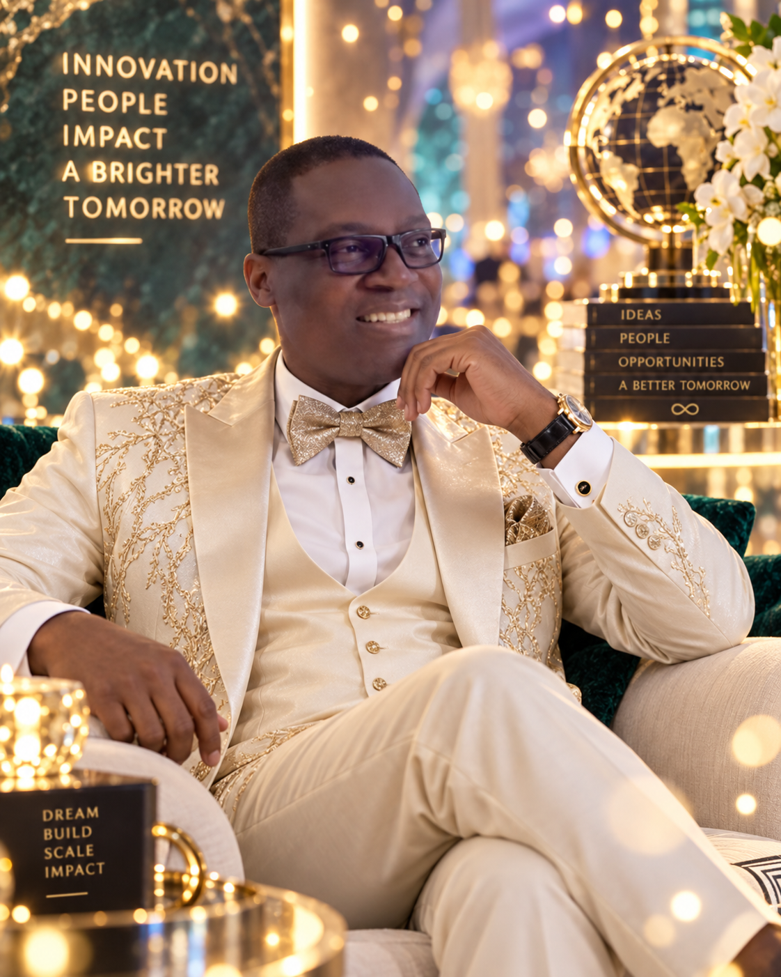 Hilary Emmanuel seated in a cream-and-gold suit, smiling thoughtfully
