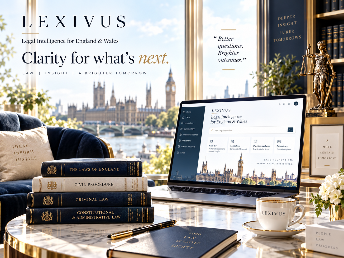 LEXIVUS platform card — bright legal lounge with law books, LEXIVUS laptop and Lady Justice overlooking Westminster and Big Ben