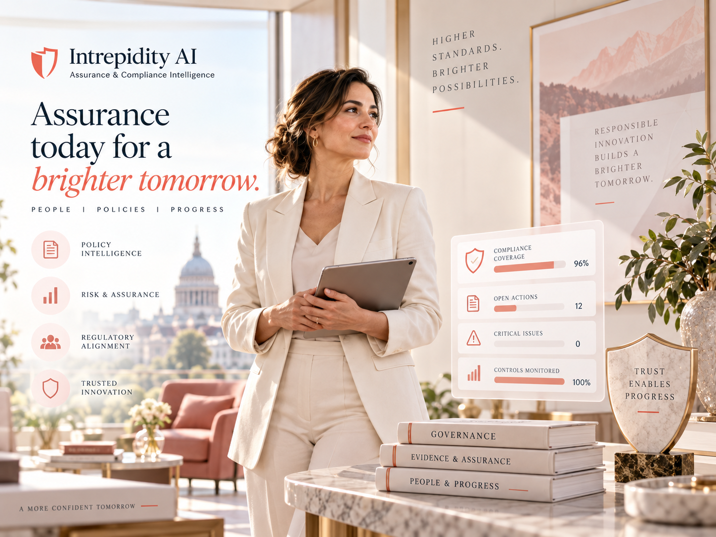 Intrepidity AI platform card — professional with a tablet before St Paul’s, beside a floating compliance dashboard showing coverage, open actions and monitored controls