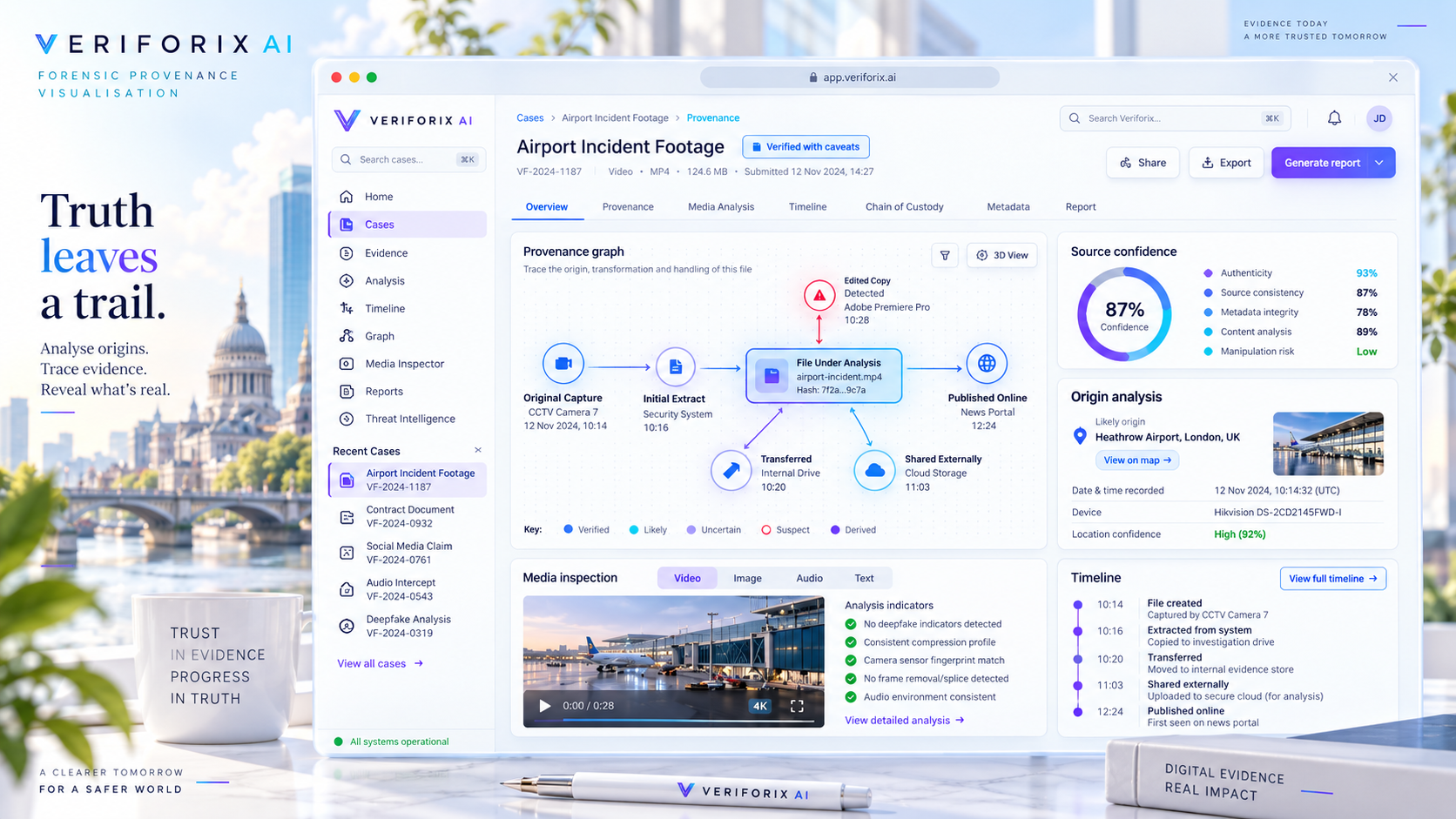 Supplied Veriforix AI case interface showing the Airport Incident Footage provenance graph with a flagged unauthorised edit branch, source confidence, origin analysis, media inspection and evidence timeline
