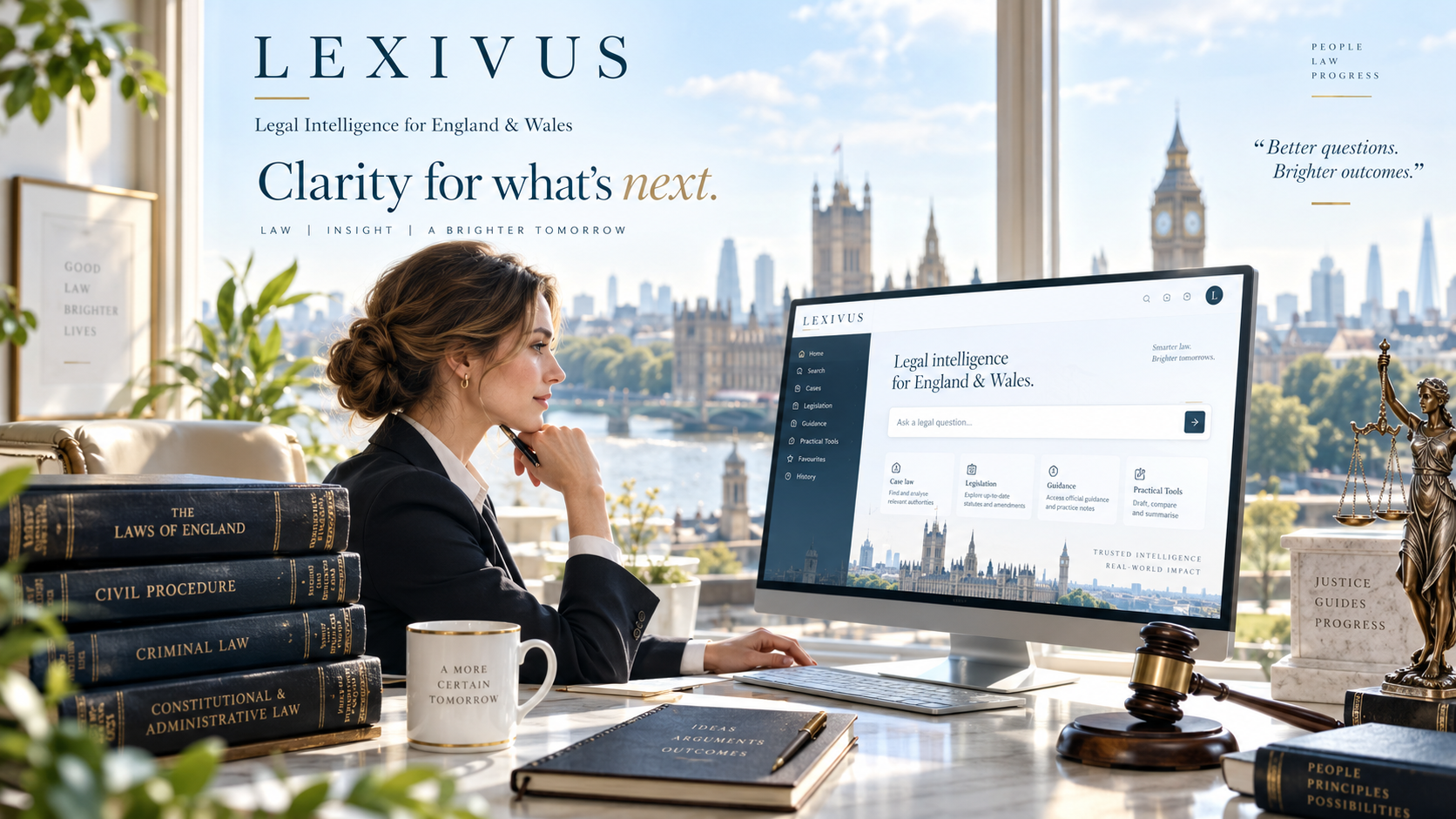 LEXIVUS legal professional at a bright desk with law books, Lady Justice, a gavel and research monitor overlooking Westminster and Big Ben