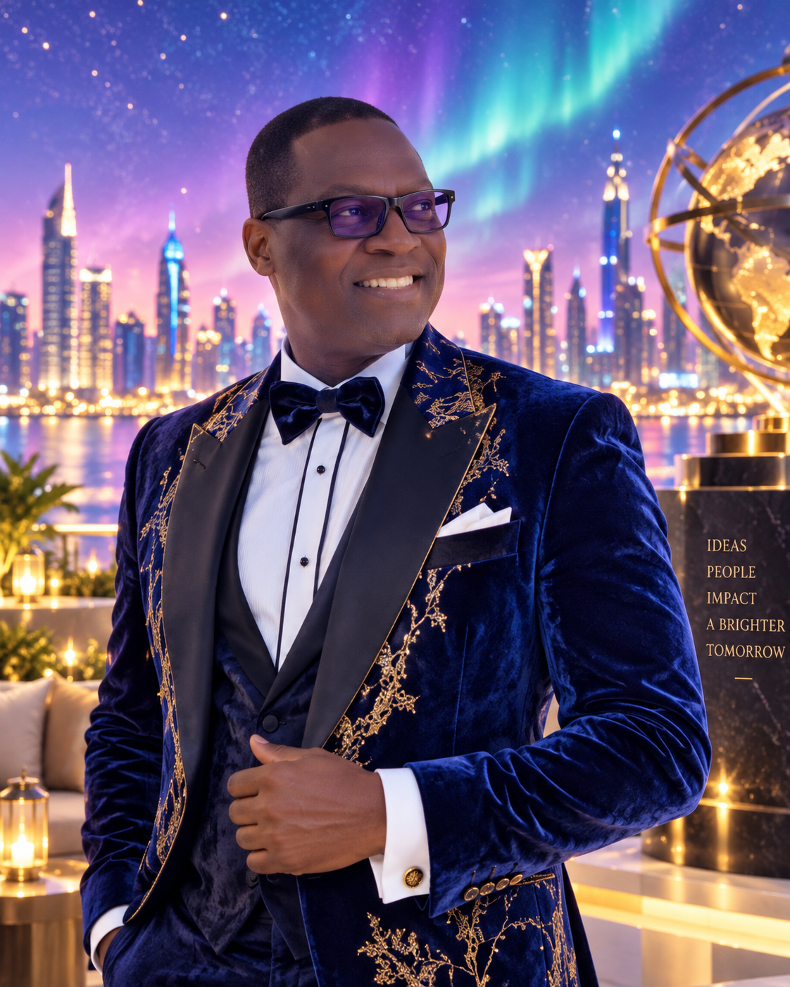Hilary Emmanuel smiling in a blue velvet tuxedo with gold detailing against a luminous city and aurora